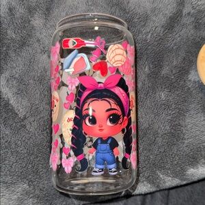 Cute Character Glass Cup with Pink Accents